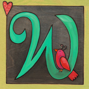 Sincerely, Sticks "W" Alphabet Letter Plaque option 1 with bird and heart