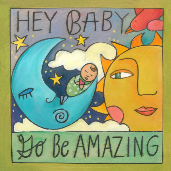 "Welcome to the World" Plaque – A little baby is rocked to sleep on a moon front view