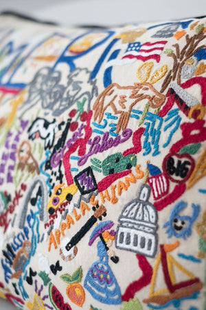 America Hand-Embroidered Pillow -  From shore to shore there's 3,537,441 square miles in the continental USA and catstudio squeezed them into 432 square inches of amazing embroidery