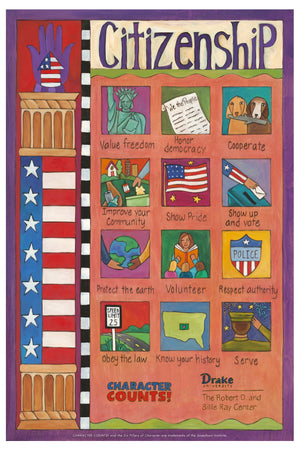 Character Counts 8"x12" Plaque Set – A set of the 6 Pillars of Character printed on wooden plaques to hang in your school, office, church, or setting of your choice to reinforce the core ethical values Character Counts represents single Citizenship plaque view