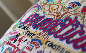 Connecticut Hand-Embroidered Pillow -  The Constitution State, this original design celebrates the State of Connecticut in amazing detail