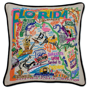 Florida Hand-Embroidered Pillow -  This original design celebrates the beautiful sunshine state of Florida. From the Keys to Pensacola, Tampa to Palm Beach, Flamingos to Alligators...and we'd never forget the Mouth of the Rat (Boca Raton)! Ha, ha! What a great state!