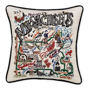 Massachusetts Hand-Embroidered Pillow -  Henry David Thoreau says "Hi!" This original design celebrates the State of Massachusetts - from Nantucket to the Berkshires to Boston!