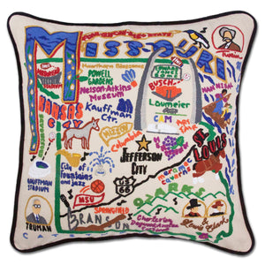 Missouri Hand-Embroidered Pillow -  This original design celebrates the State of Missouri from Elephant Rocks to Kansas City to Jefferson City to the Ozarks!