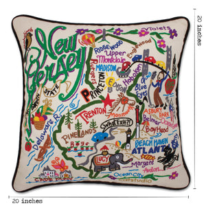New Jersey Hand-Embroidered Pillow -  The Garden State! This original design celebrates the beauty of New Jersey from Cape May to the Delaware Gap to Princeton to Hoboken to the 5-story-tall Lucy the Elephant!