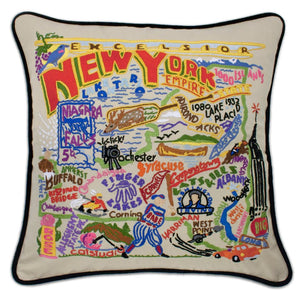 New York Hand-Embroidered Pillow -  This original design celebrates the State of New York - from Niagara Falls to the Adirondacks down the beautiful Hudson Valley to Woodstock and over to the Finger Lakes.