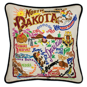 North Dakota Hand-Embroidered Pillow -  From the Badlands to the Prairie, Lewis & Clarke and the Rough Riders, this original design celebrates the State of North Dakota.