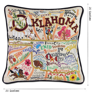 Oklahoma Hand-Embroidered Pillow -  Our favorite musical and this original design celebrates the state of Oklahoma. From Enid to Ardmore and the Arbuckle Mountains to Black Mesa, Oklahoma is more than OK!