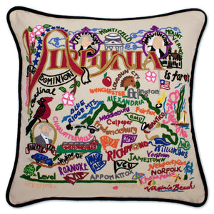 Virginia Hand-Embroidered Pillow -  From the Blue Ridge Mountains to the Atlantic Ocean, this original design celebrates the beauty and history of the state of Virginia.