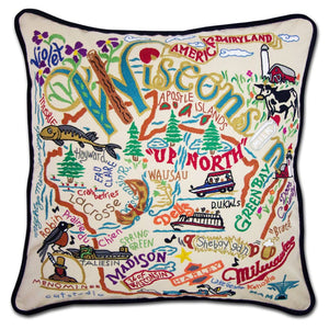 Wisconsin Hand-Embroidered Pillow -  From the Mississippi River to Lake Superior & Lake Michigan - this original design celebrates the beautiful State of Wisconsin!
