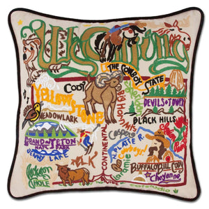 Wyoming Hand-Embroidered Pillow -  The Cowboy State! This original design celebrates the State of Wyoming. Terrell, one of catstudio's owners, has a great uncle who was the sheriff of Jackson Hole in the 50's!
