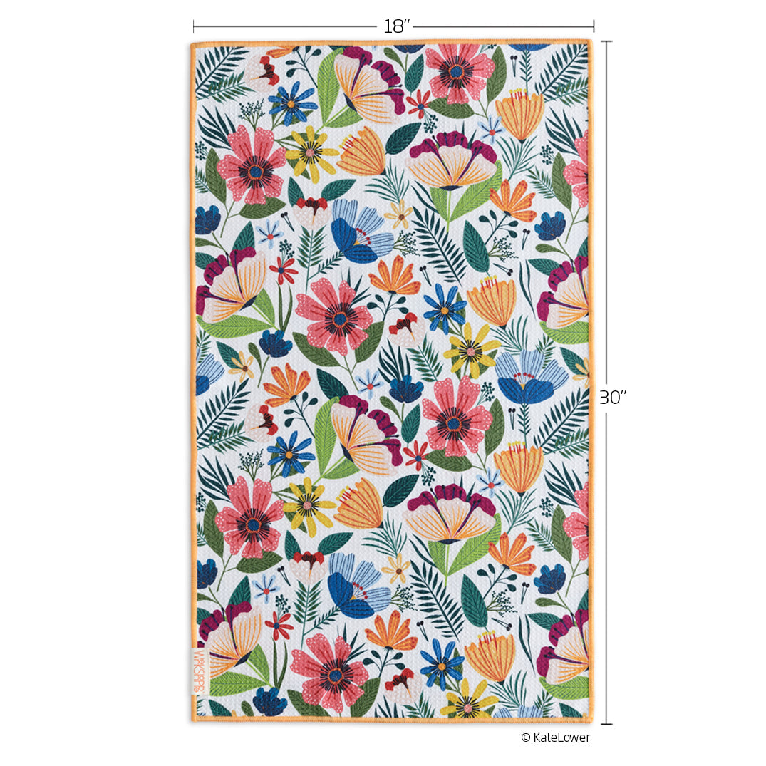 Floral patterned dish towel with dimensions on a white background