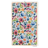 Floral patterned dish towel with dimensions on a white background