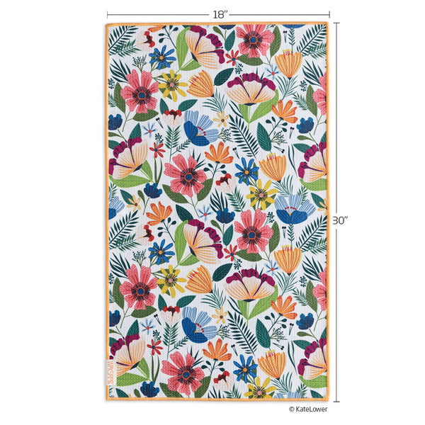 Floral patterned dish towel with dimensions on a white background
