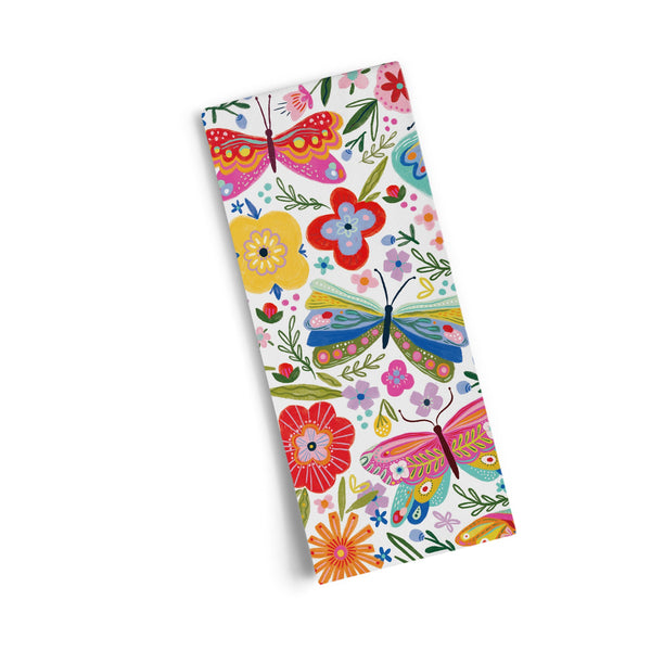 Colorful microfiber dish towel with butterfly and floral pattern on a white background