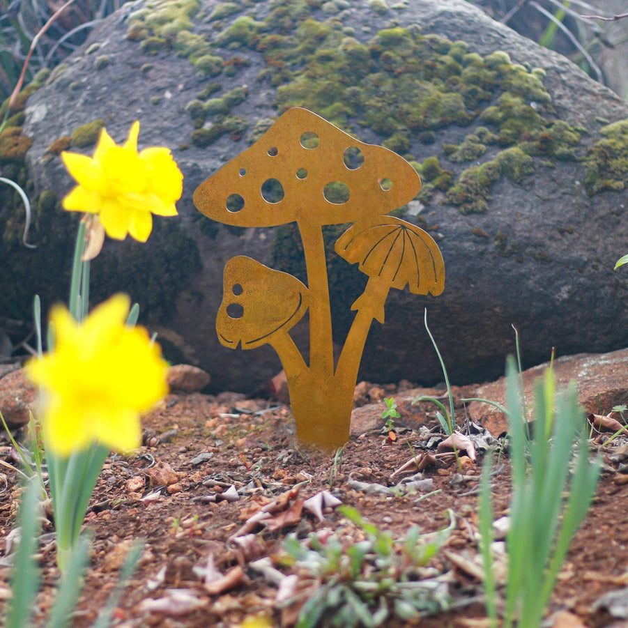 Mushroom garden sculpture made from metal