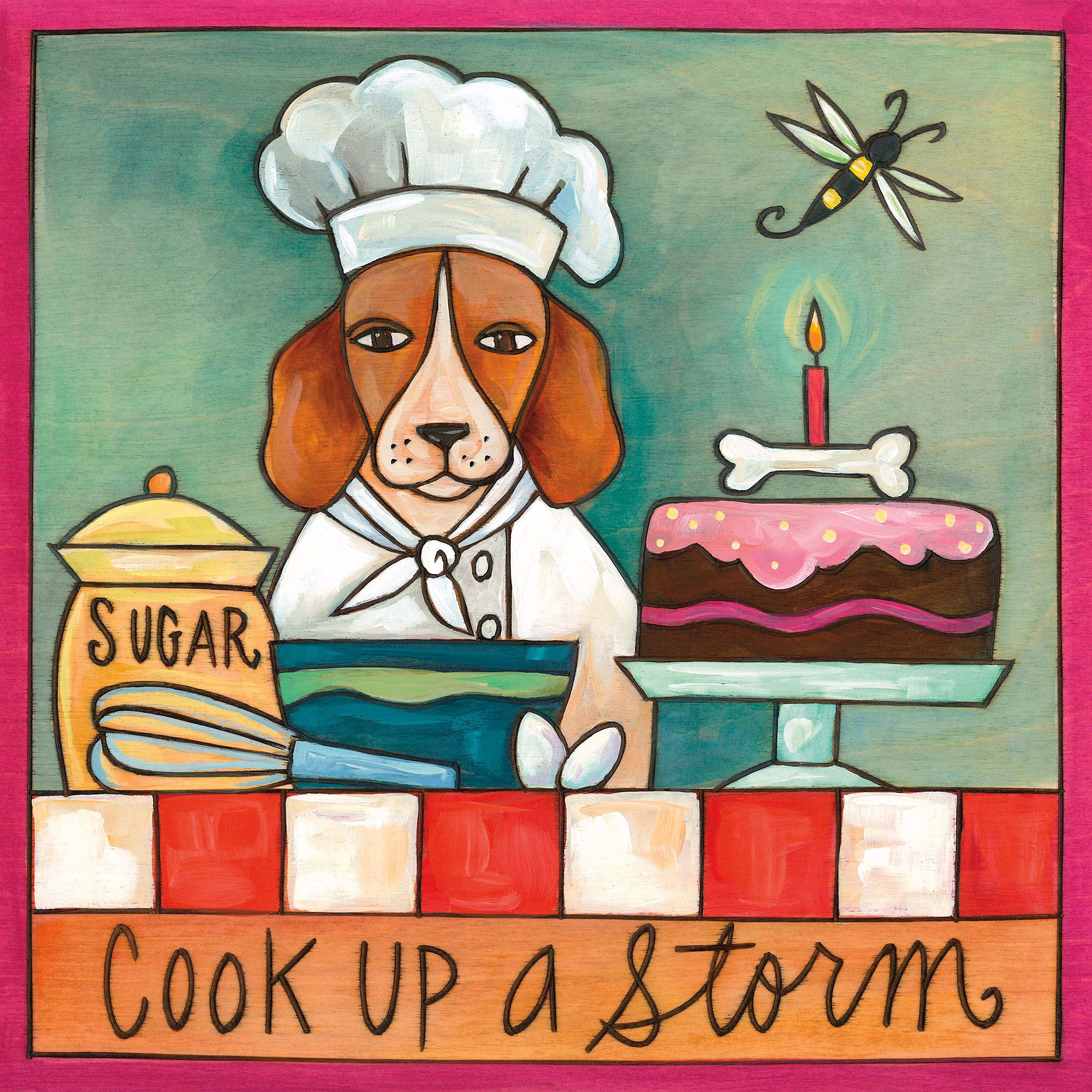 Illustration of a dog chef with a cake and kitchen items, featuring the text 'Cook Up a Storm'.