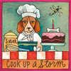 Illustration of a dog chef with a cake and kitchen items, featuring the text 'Cook Up a Storm'.