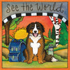 “See the World” Bernese mountain dog on a hike with backpack and water bottle 