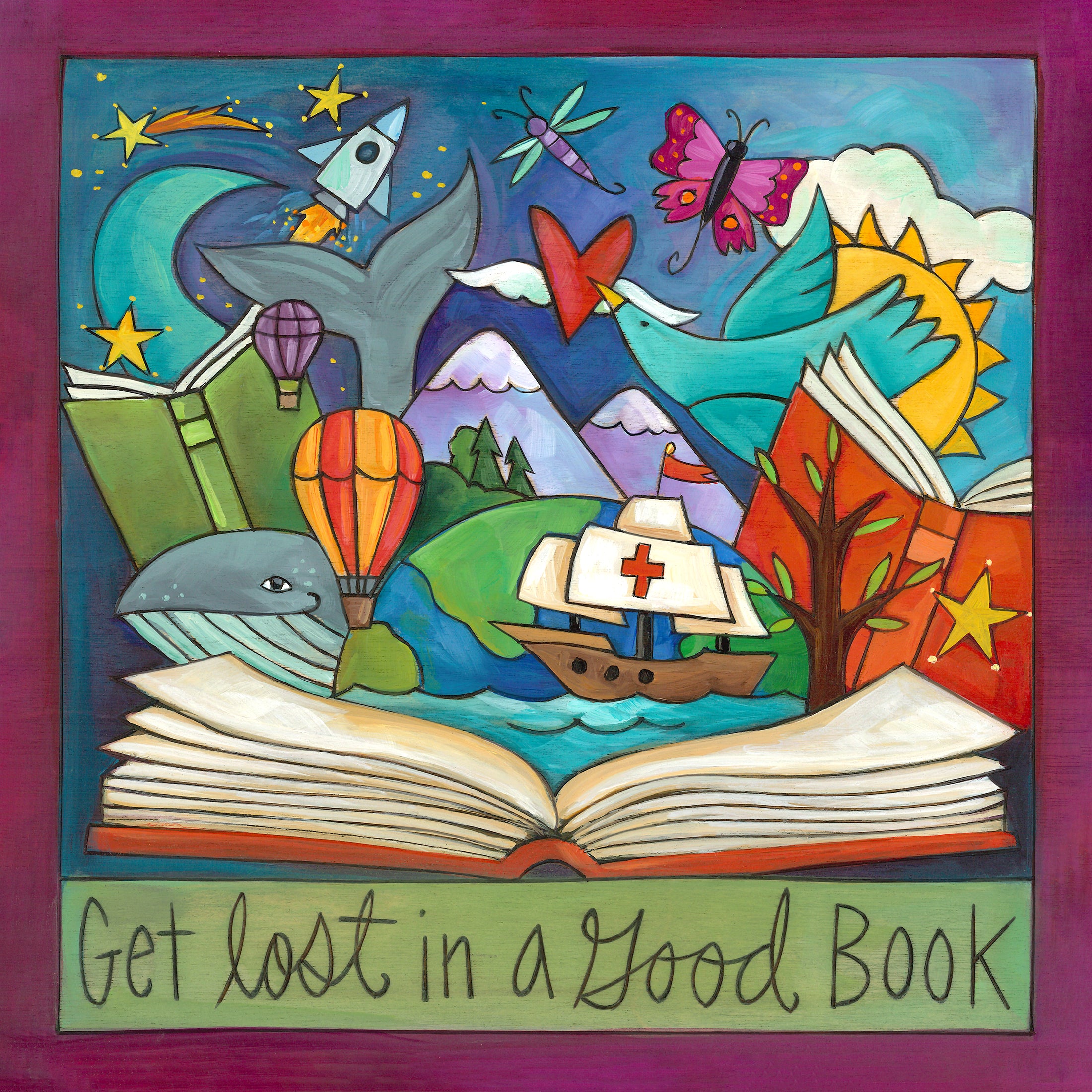 Colorful illustration of books and imaginative scenes with 'Get lost in a good book' text.