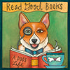 Illustration of a dog reading a book with a cup and text 'Read Good Books' on a green background.