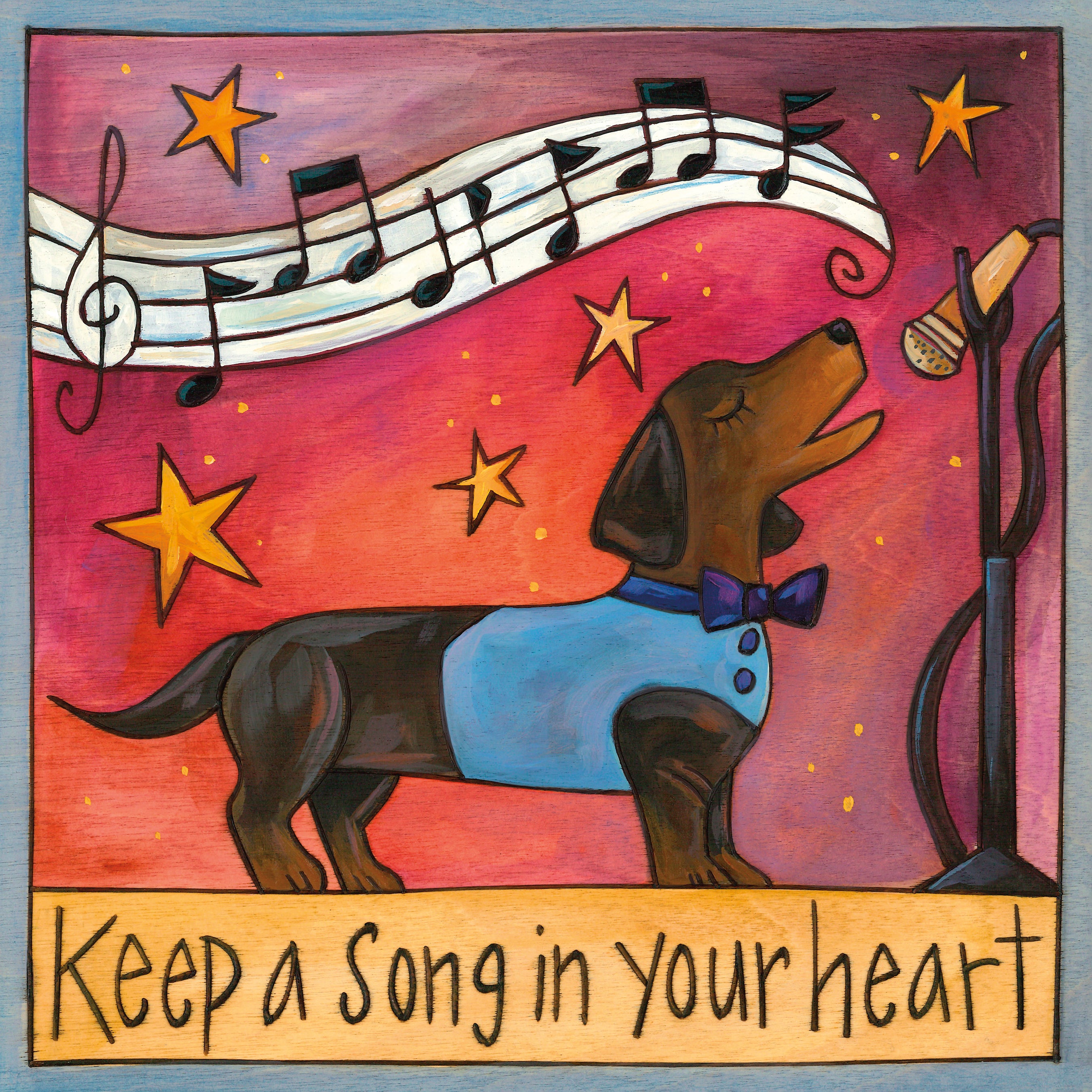 Illustration of a dog with a bow tie and music notes, with text 'Keep a Song in your heart' on a colorful background.
