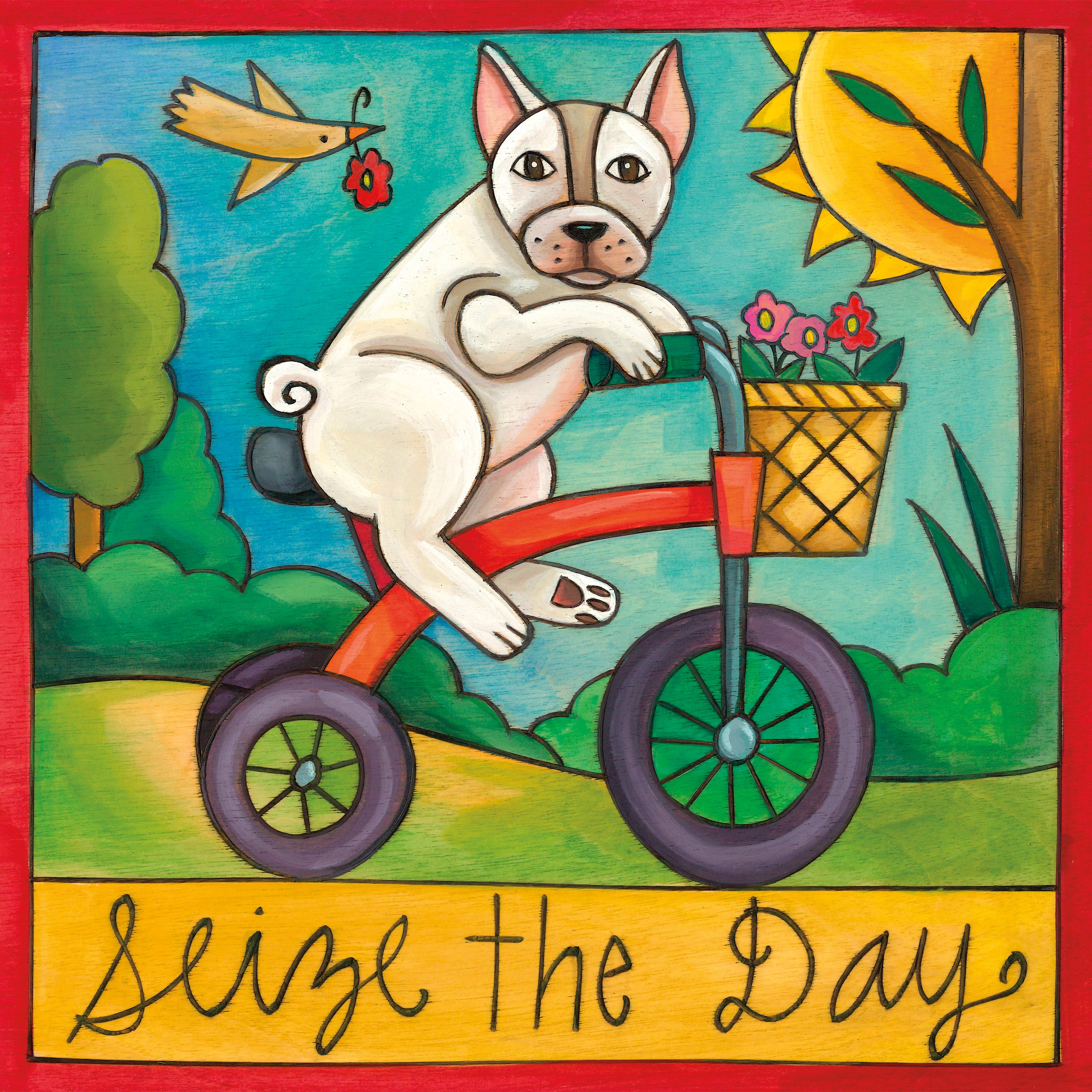Illustration of a french bulldog on a tricycle with a bird and sun in the background, featuring the text 'Seize the Day'.
