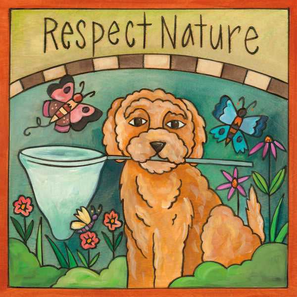 Illustration of a dog with a butterfly net, butterflies, and flowers with 'Respect Nature' text.