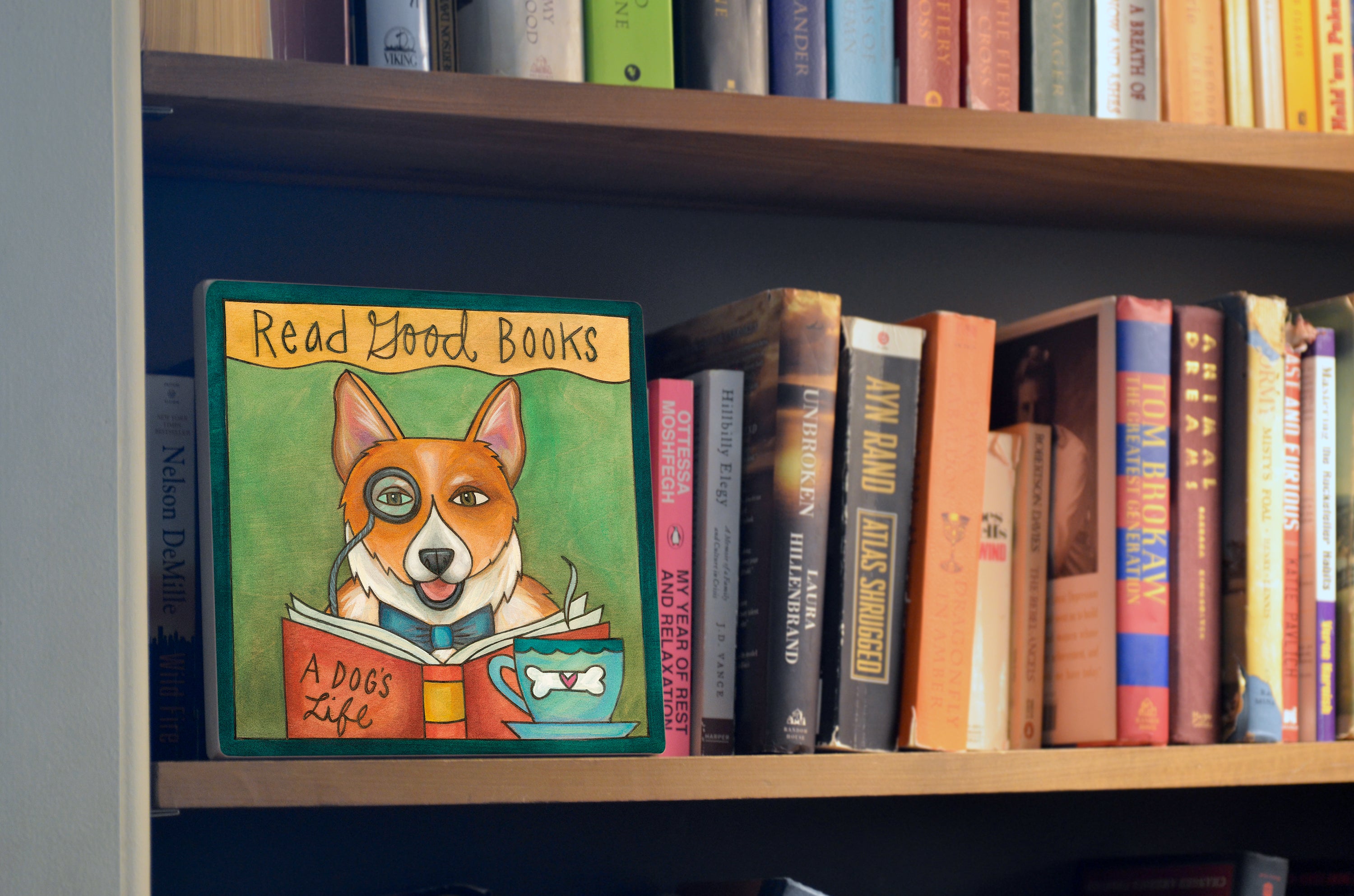 Decorative wall plaque on a bookshelf.