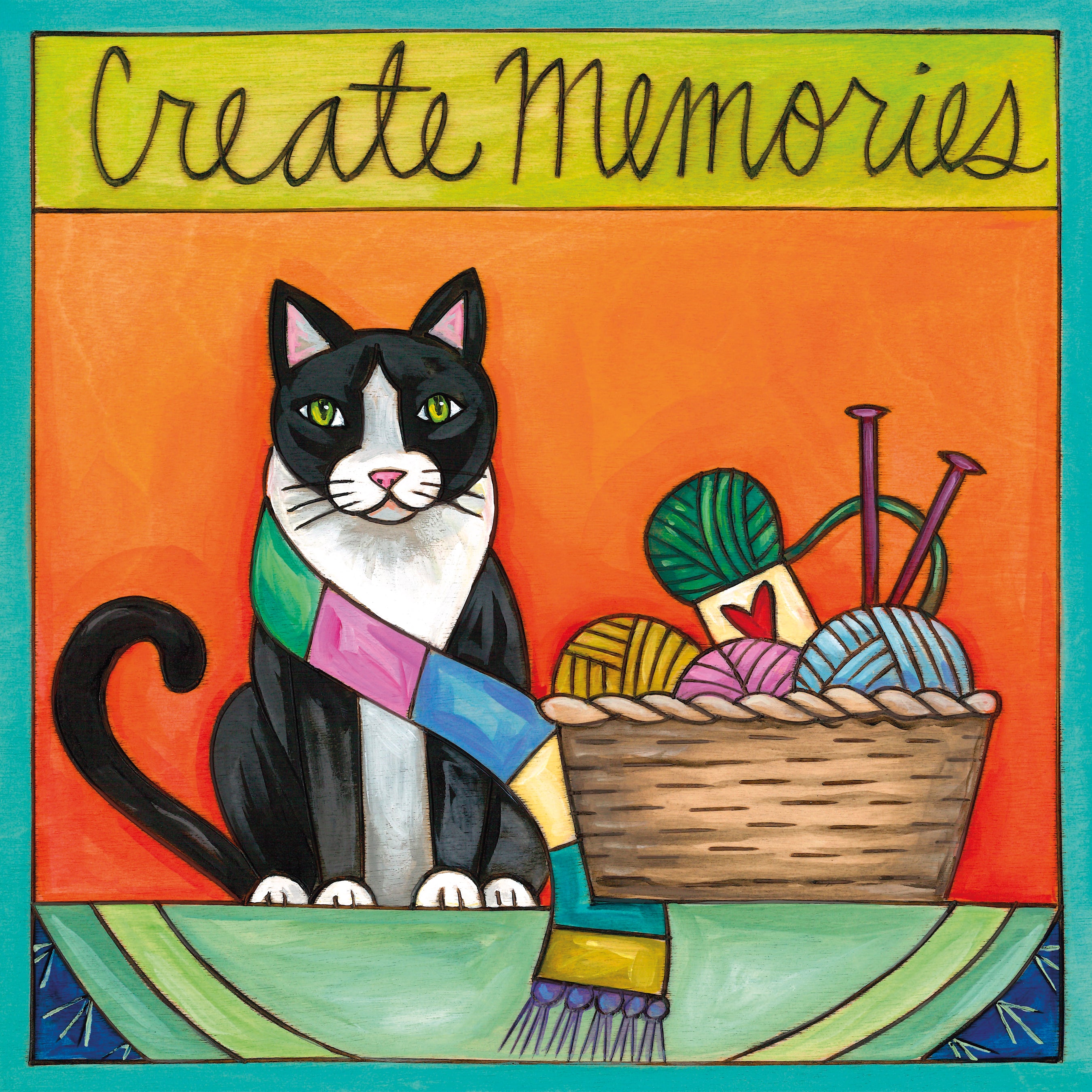 Tuxedo cat wall art with yarn and knitting needles, 'Create Memories' text on colorful background