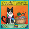 Tuxedo cat wall art with yarn and knitting needles, 'Create Memories' text on colorful background