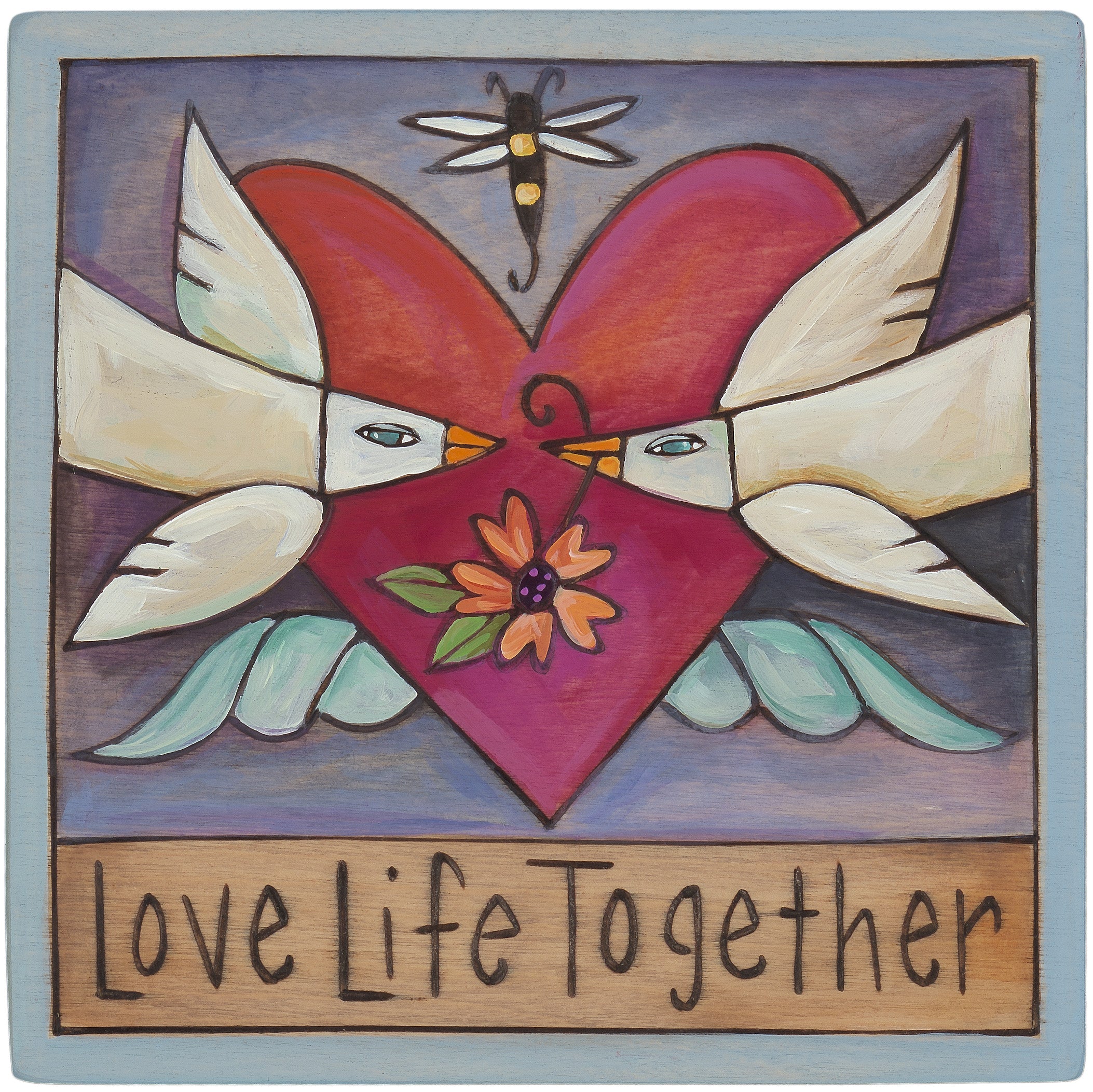 Decorative wall art with a heart, doves, and floral elements, featuring the text 'Love Life Together'.