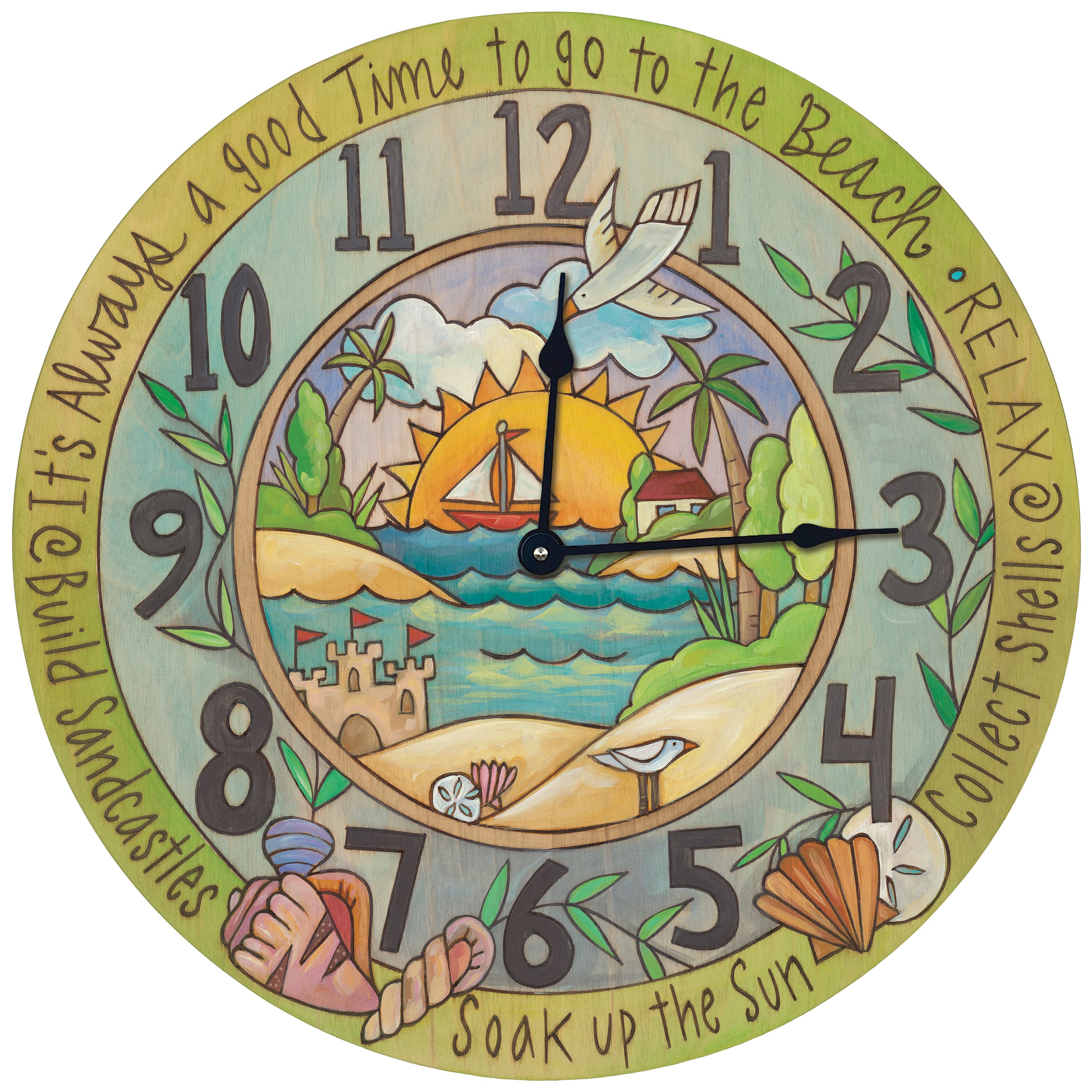 A round beach-themed wall clock with a colorful central illustration of a sunny beach scene, large dark gray numerals, and decorative text around the edge including 'It's Always a good Time to go to the Beach', 'RELAX', and 'Soak up the Sun'.