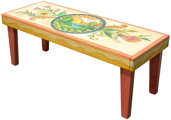 Floral design on handcrafted bench