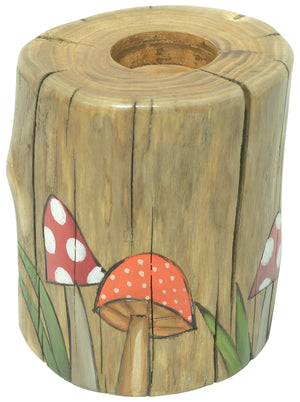 Small Log Candle Holder –  Beautiful natural wood candle holder with mushroom design. Side 1