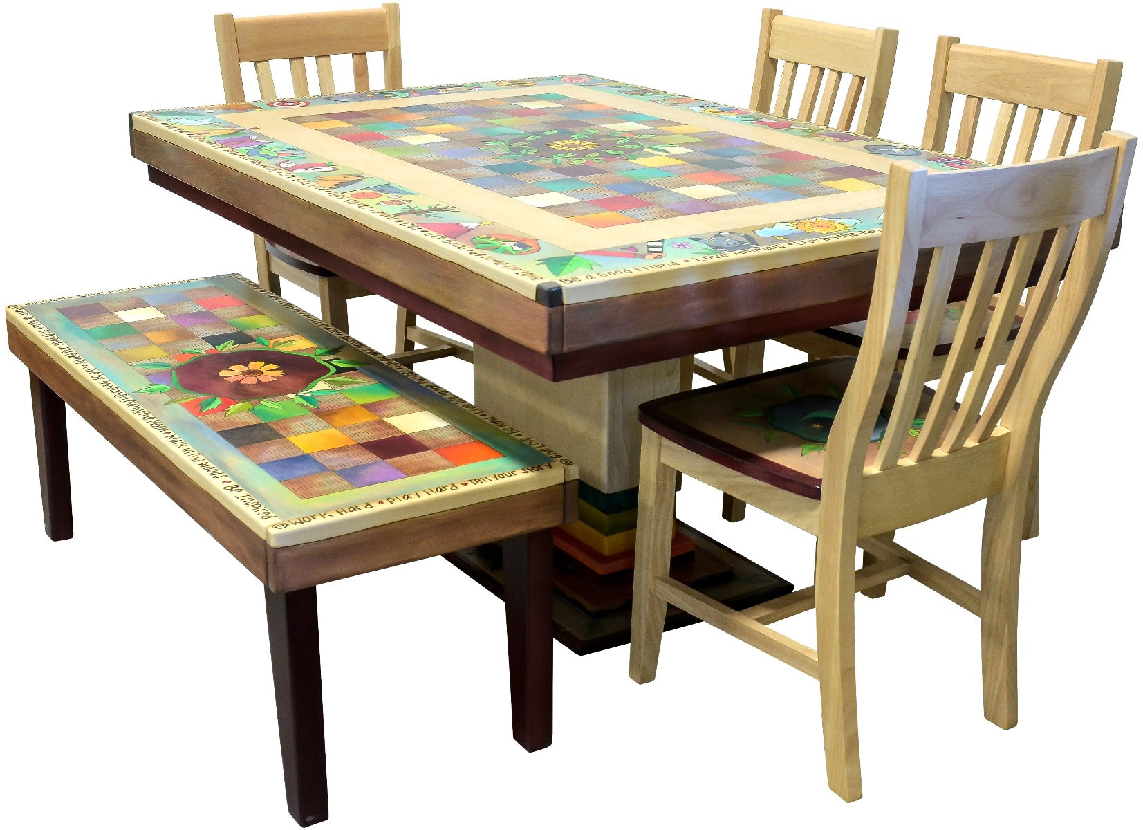 A colorful, traditional patchwork design with inspiring icons surrounding a  handcrafted dining table with 4 dining chairs and 1 wood bench.