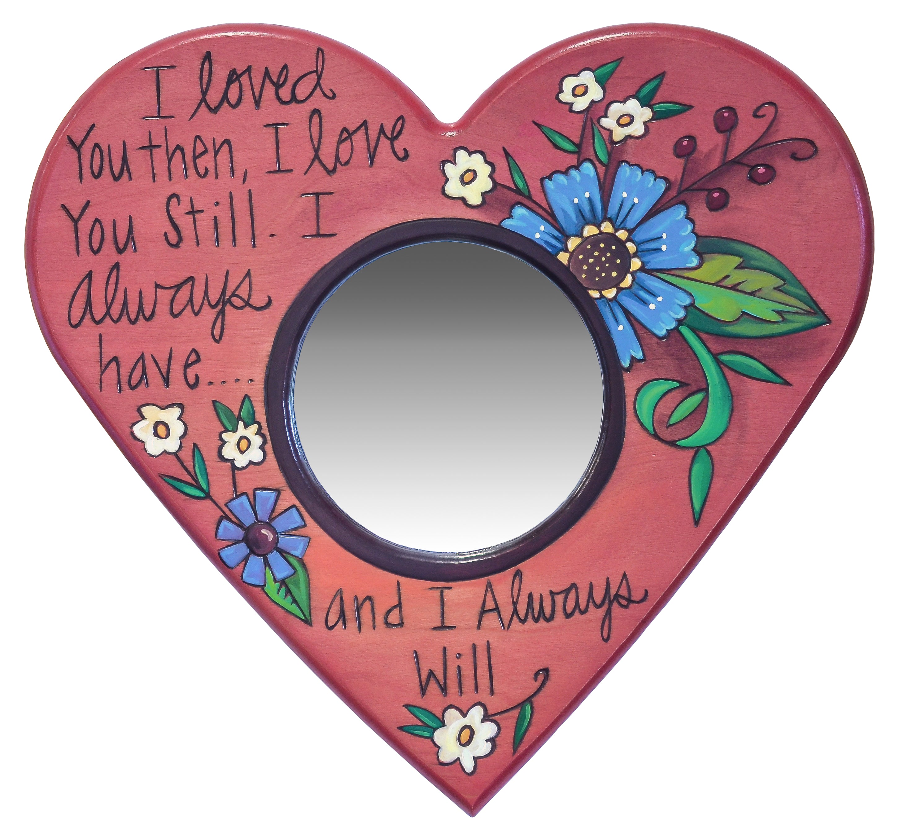 Heart-shaped mirror with floral designs and text on a white background
