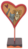 Heart-shaped stand with a dog and cat illustration on a white background