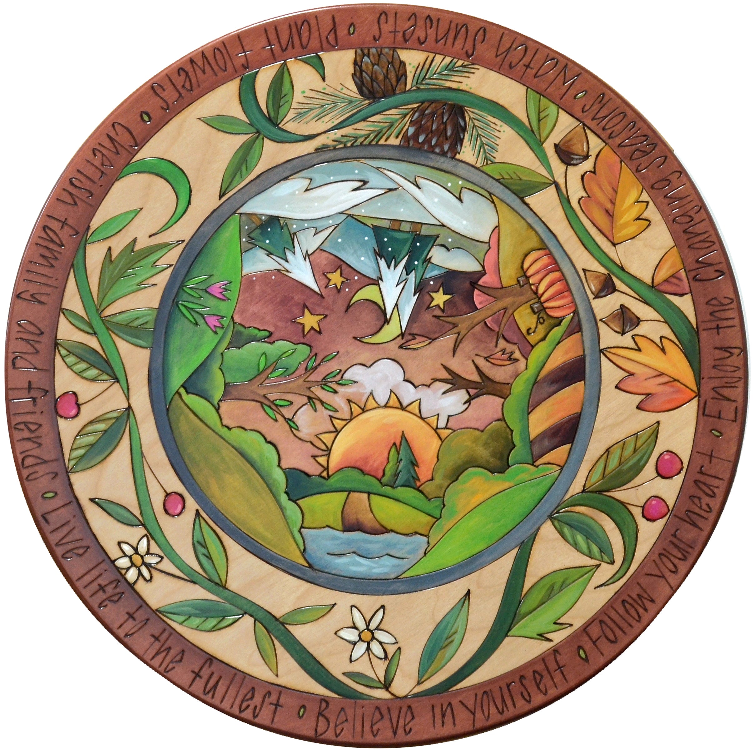 Decorative lazy susan with nature-themed design and text around the edge.