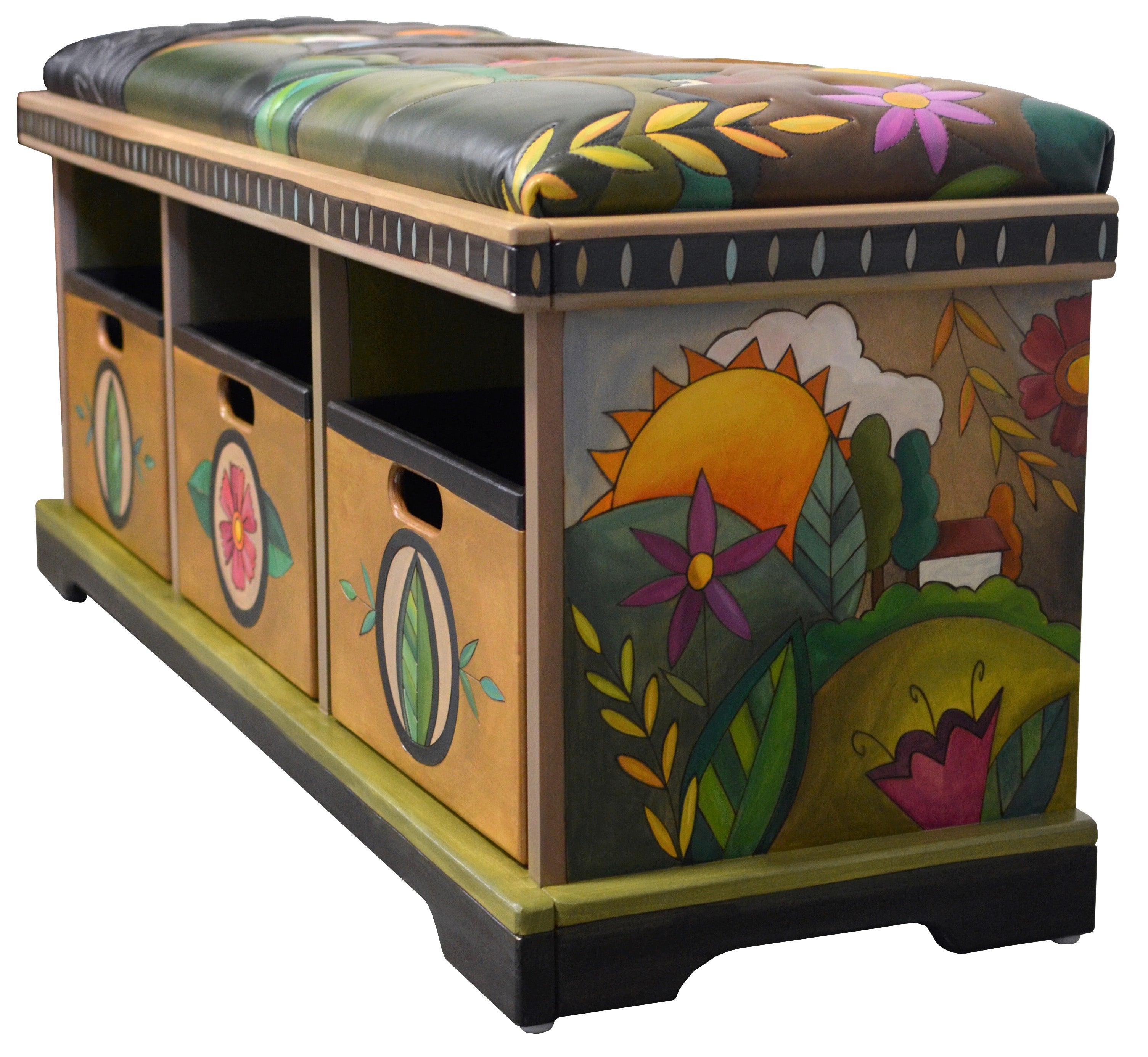 Wooden Storage Leather Seat Bench
