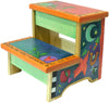 Colorful step stool with artistic designs and text on a white background