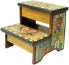 Handmade wooden step stool with colorful designs and text on a white background