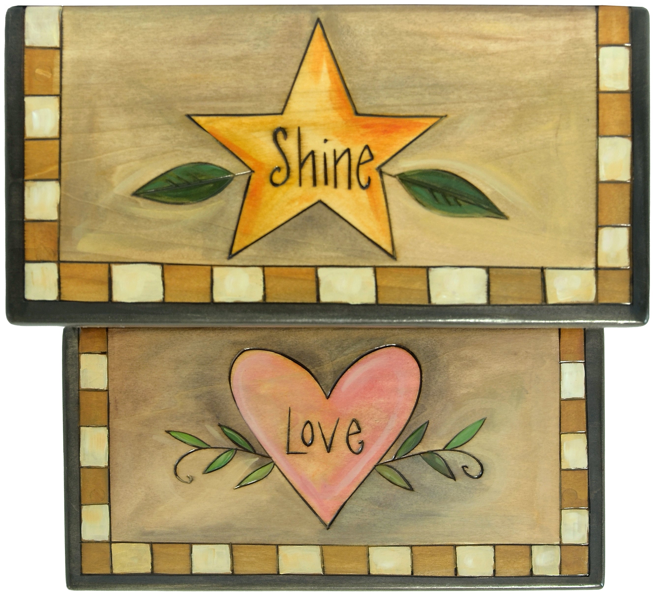 Top view of handmade step stool, with a star and heart on each step