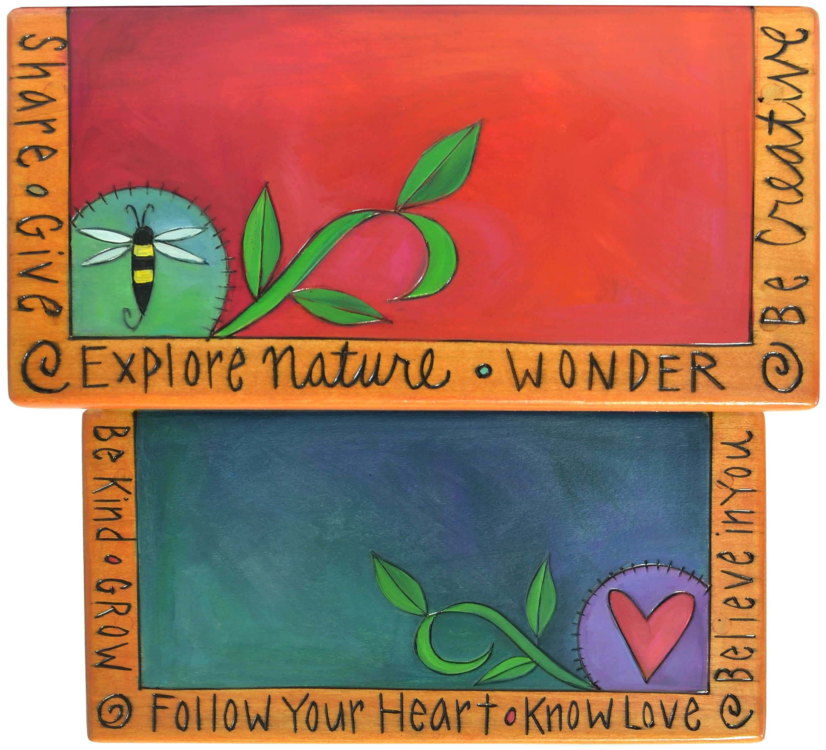 Top view of double step stool with motivational phrases and nature-themed illustrations