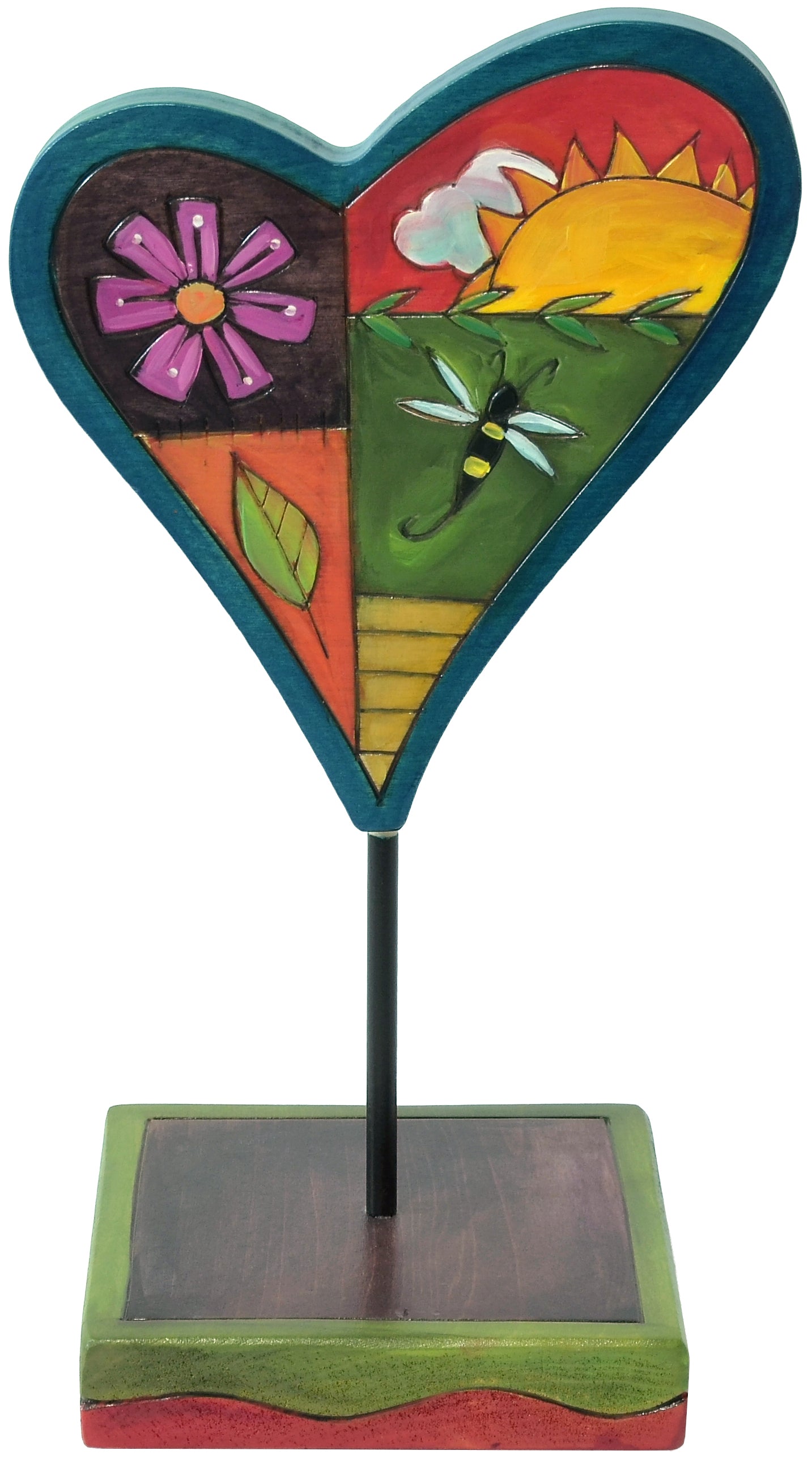 Decorative heart-shaped sculpture with a flower, leaf, sun, and bee on a white background