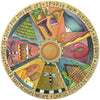Colorful lazy susan with various symbols and text on a white background