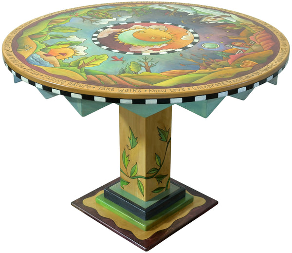 42" round table with colorful four seasons artwork against a white background