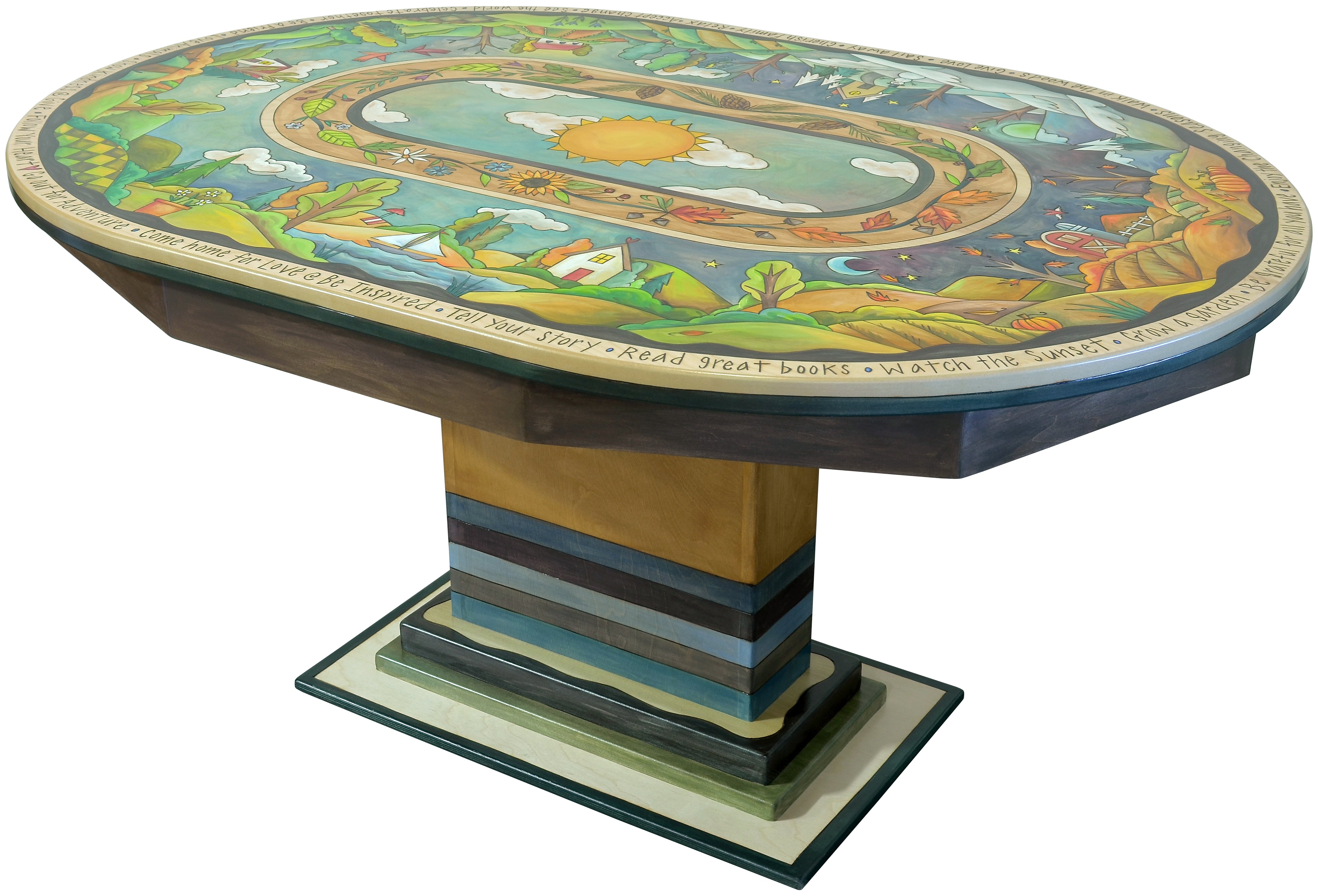 Decorative round dining table with artistic design on a white background featuring a changing seasons motif