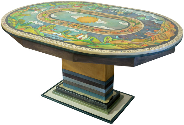 Decorative round dining table with artistic design on a white background featuring a changing seasons motif