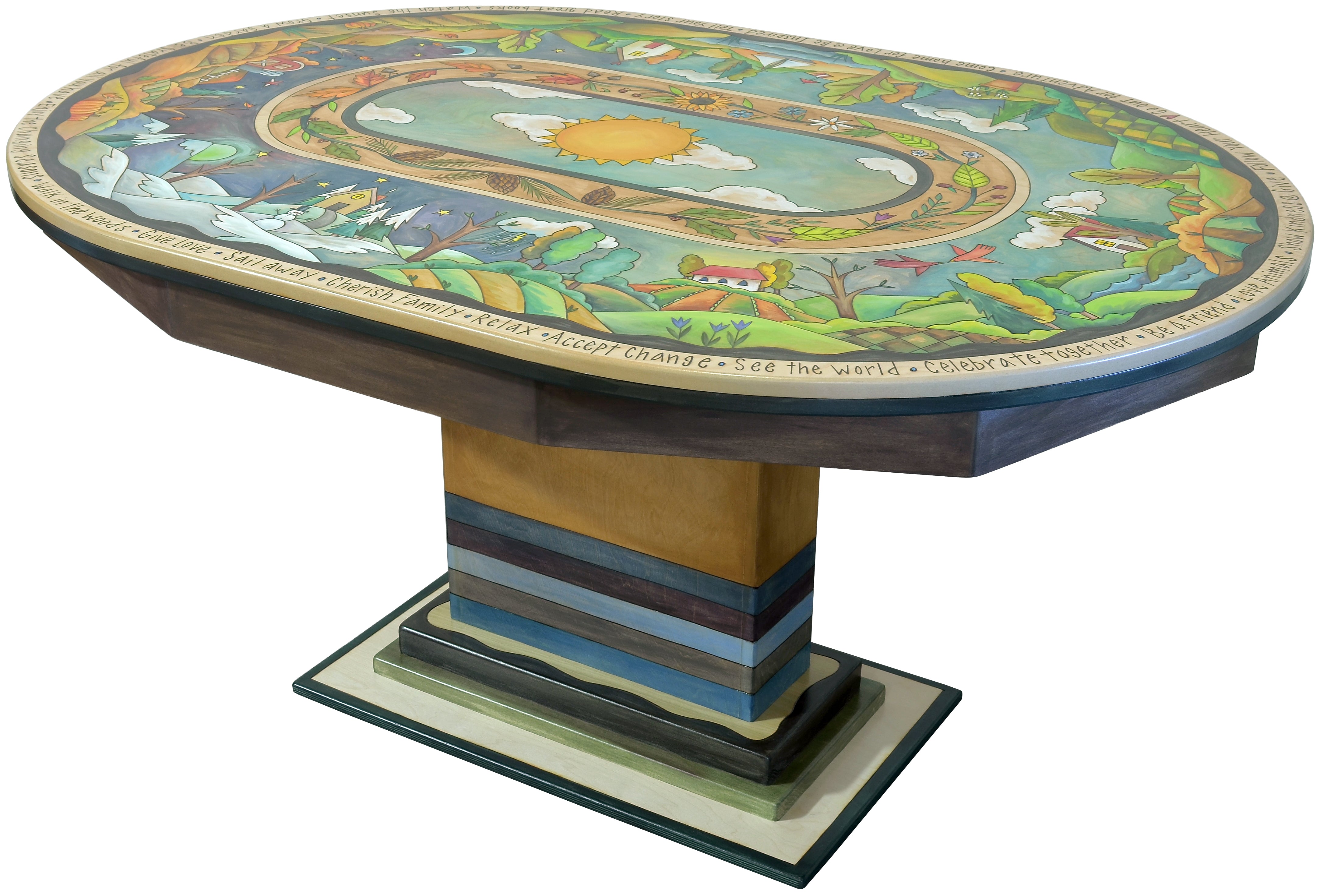 Decorative round dining table with artistic design on a white background featuring a changing seasons motif
